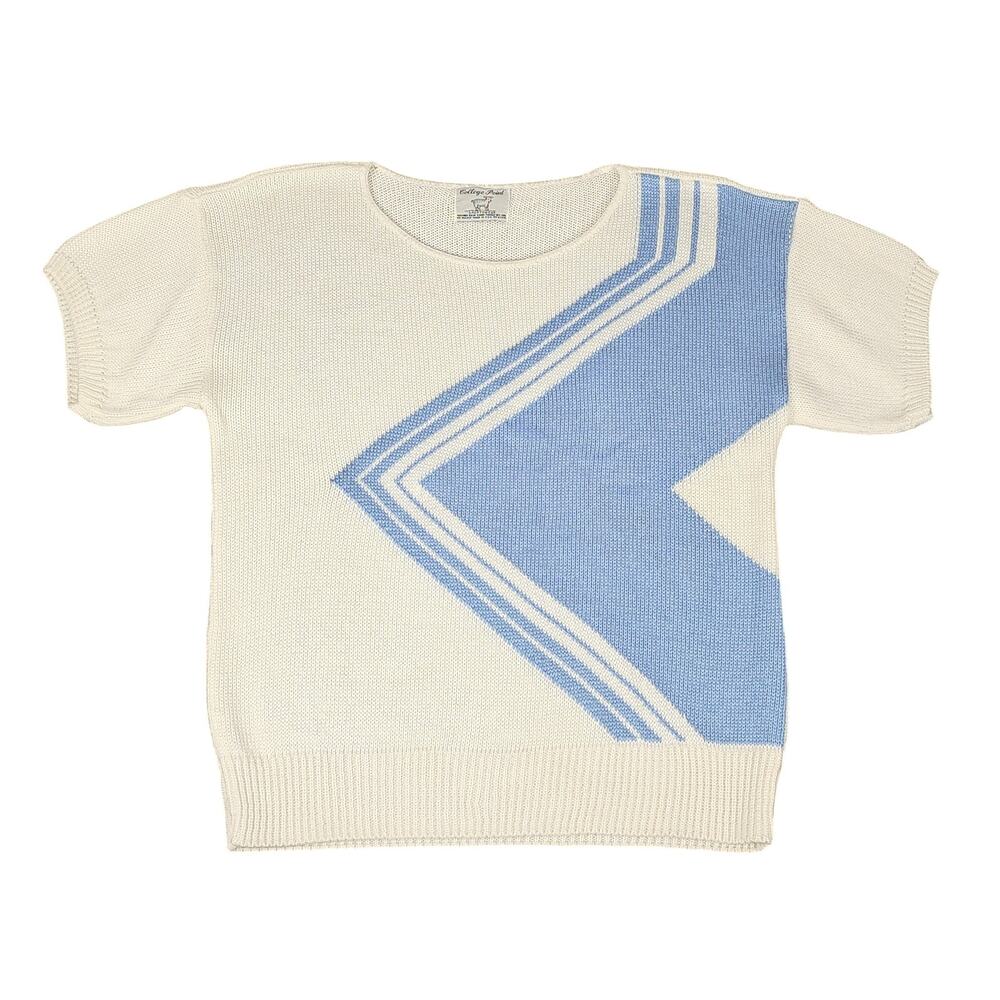 VTG 80s College Point sportswear sweater sz XL short slv whiter blue geometric